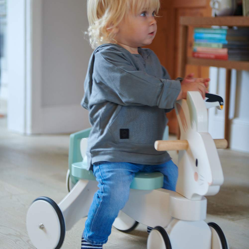 Carrera de conejo - Bicicleta temática de conejo de cuatro ruedas de madera con anillo de goma y mango - Desarrollo temprano de la caminata y mejora de la fuerza muscular para niños 5