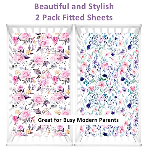 Floral Crib Sheets For Baby Girls 2 Pack, Fits Standard Nursery Crib Mattress & Toddler Bed Mattress 28X 52, Soft Stretchy Snug Neutral Baby Crib Fitted Sheets #TOP5