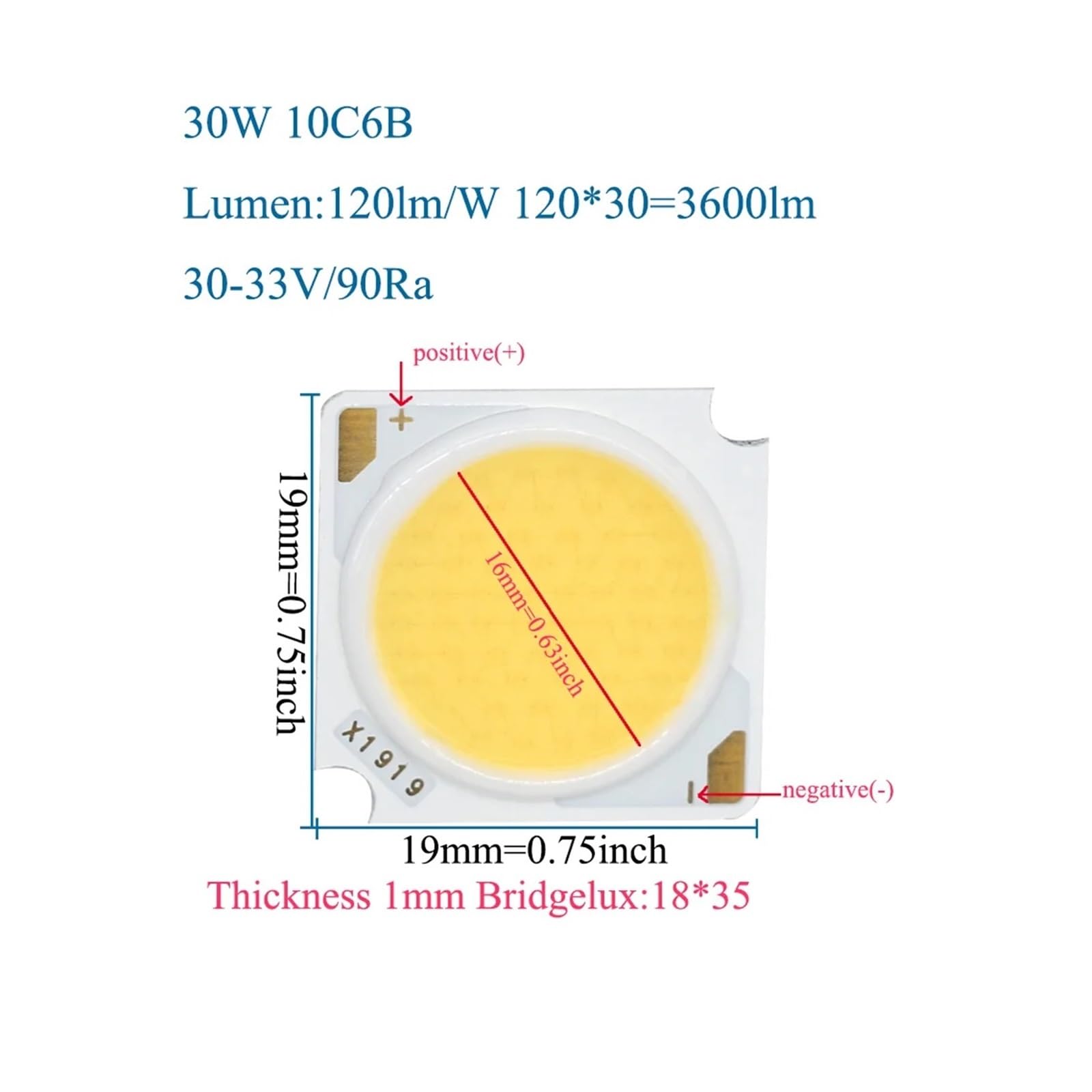 MAMA'S PEARL 10 pezzi 10W 20W 30W 40W 50W High CRI90 COB LED Diodo a emissione di luce Chip Bridgelux 1919 LED Ra90 Led Cob Lampadina LED Luce da binario a LED(3000K,DC30-33V_50W)