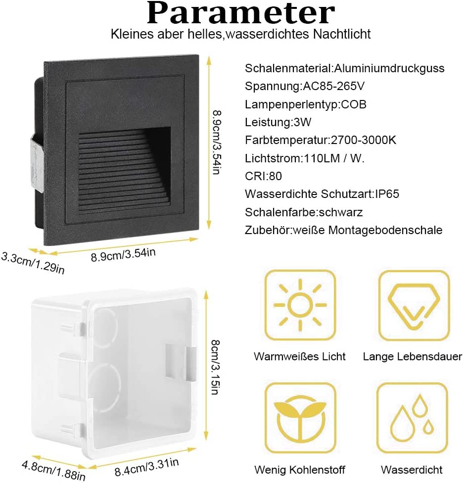 SUBOSI Applique d'escalier LED aluminium 230V 3W Appliques en verre Applique d'escalier avec boîte encastrée Applique d'escalier IP65 étanche blanc chaud - Image 7