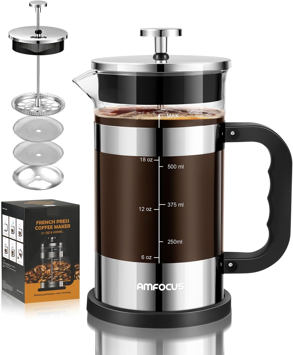 AMFOCUS French Press Coffee Maker 21 oz, 4-Level Filtration System, Premium Heat-Resistant Borosilicate Glass Teapot, Portable Coffee & Cold Brew Maker for Home, Travel, Camping – Ideal Gift