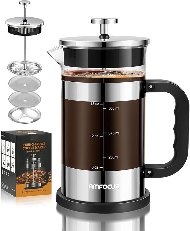AMFOCUS French Press Coffee Maker 21 oz, 4-Level Filtration System, Premium Heat-Resistant Borosilicate Glass Teapot, Portable Coffee & Cold Brew Maker for Home, Travel, Camping - Ideal Gift