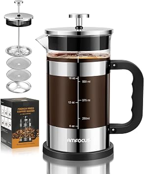 AMFOCUS French Press Coffee Maker 21 oz, 4-Level Filtration System, Premium Heat-Resistant Borosilicate Glass Teapot, Portable Coffee & Cold Brew Maker for Home, Travel, Camping - Ideal Gift