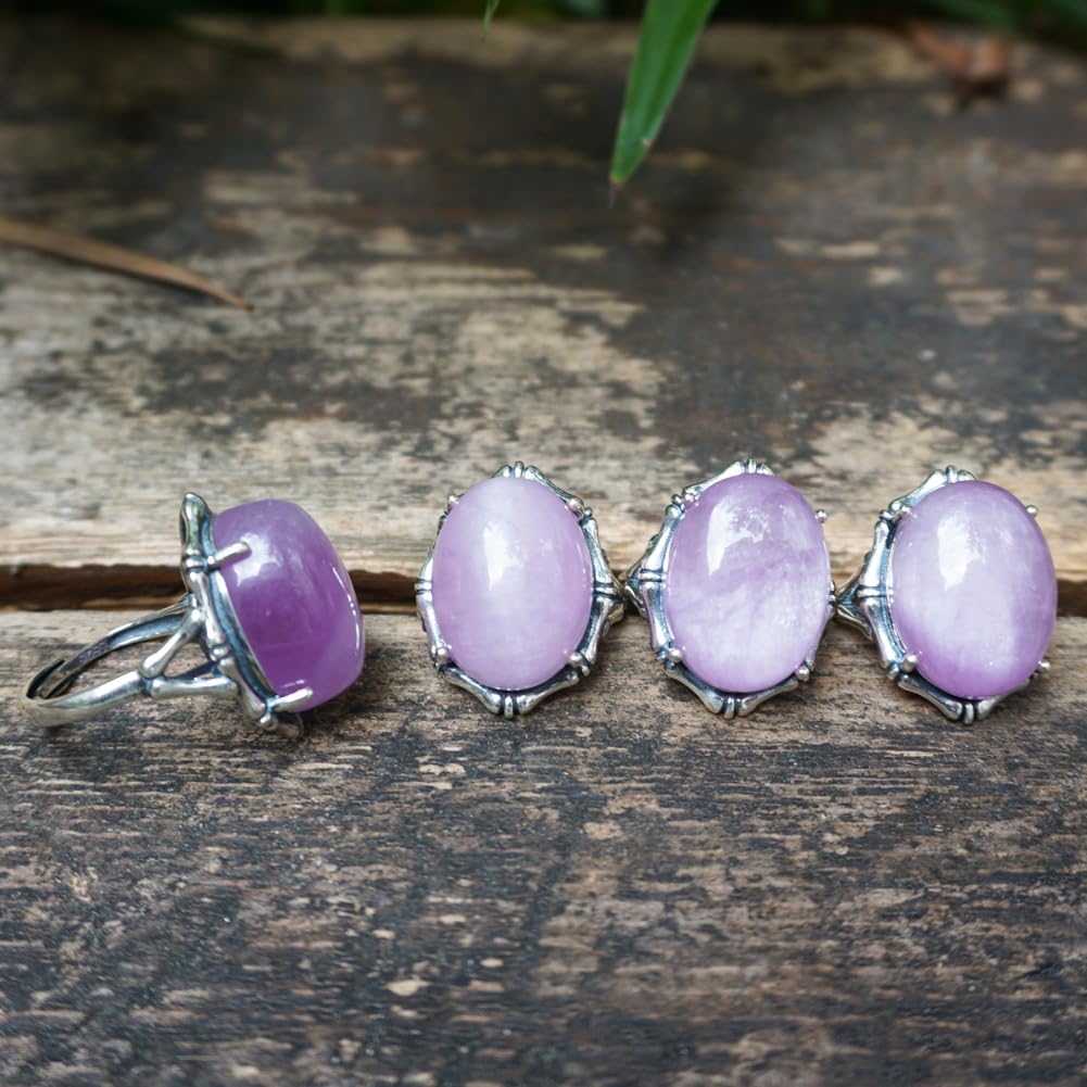 Natural Kunzite Crystal Ring | Adjustable Bamboo Style Polished Silver Ring | 15x20mm Oval Handmade Heart Chakra Pink Purple Gemstones Jewelry | Love Crystal Statement Ring