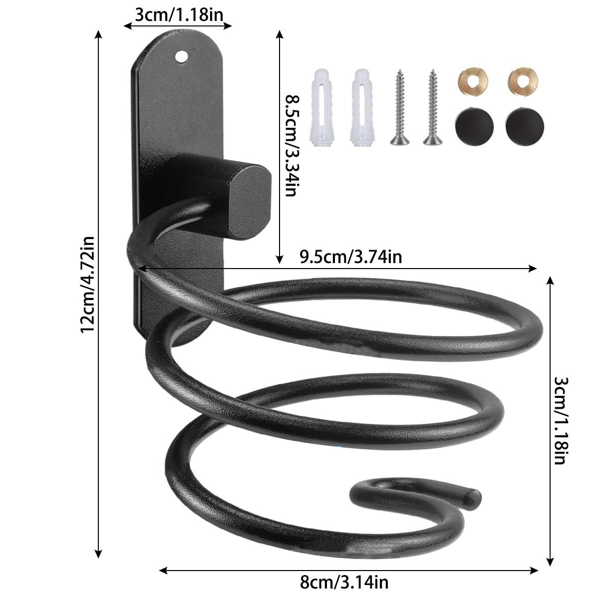 Supporto Asciugacapelli, Porta Phone Bagno da Muro Supporto Asciugacapelli in Alluminio Design a Spirale con Porta Cavo Accessori Bagno, Nero