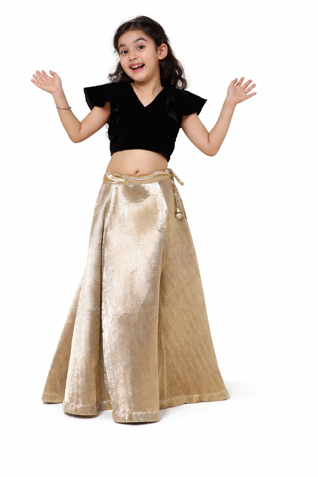 Gold Toned Pleated Lehenga with Blouse, Ethnic Wear Lehenga Cholis, Sleeveless Velvet Ruffled Blouse, Traditional Dress for Girls-image-42