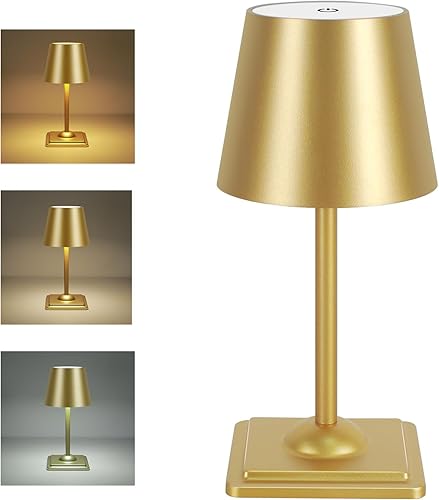Lámpara de mesa inalámbrica, lámpara de escritorio regulable de 3 colores, pequeña luz recargable para dormitorio, mesita de noche (dorado, 1 unidad)