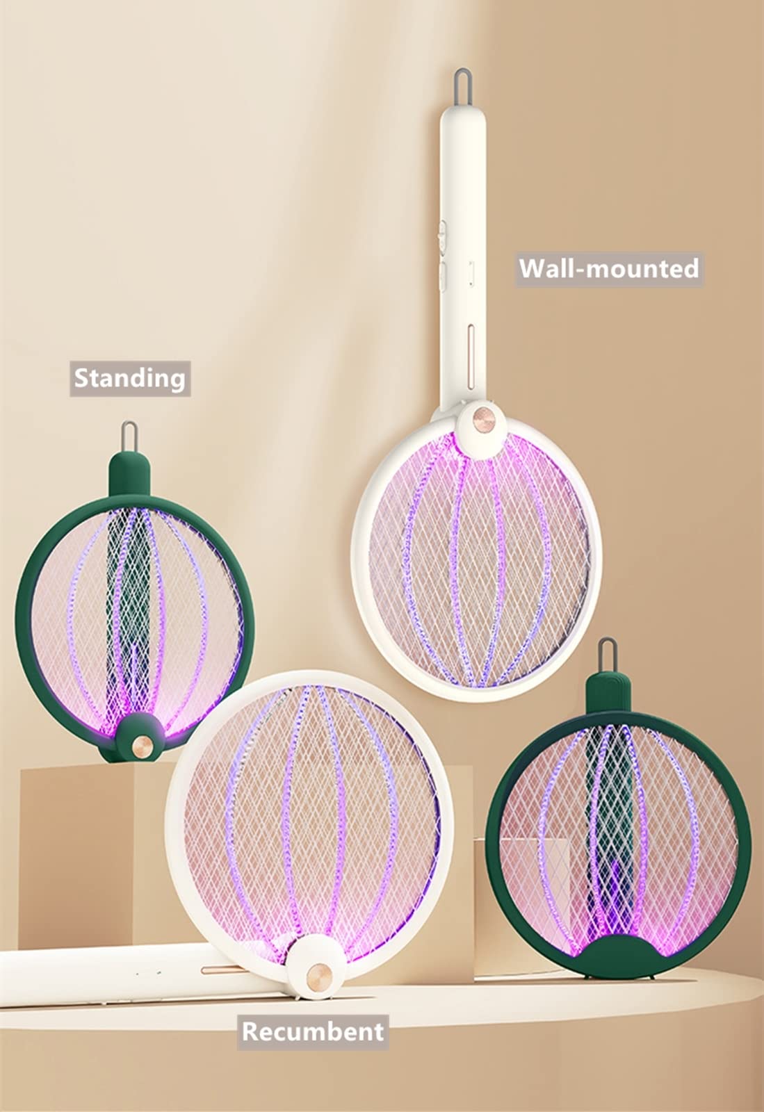 FAXIOAWA Matamoscas eléctrico - Matamoscas eléctrico Grande y Potente de 3000 V Mata Moscas - Recargable por USB, LED Brillante - Plegable - Mata Moscas - Mata Insectos,White