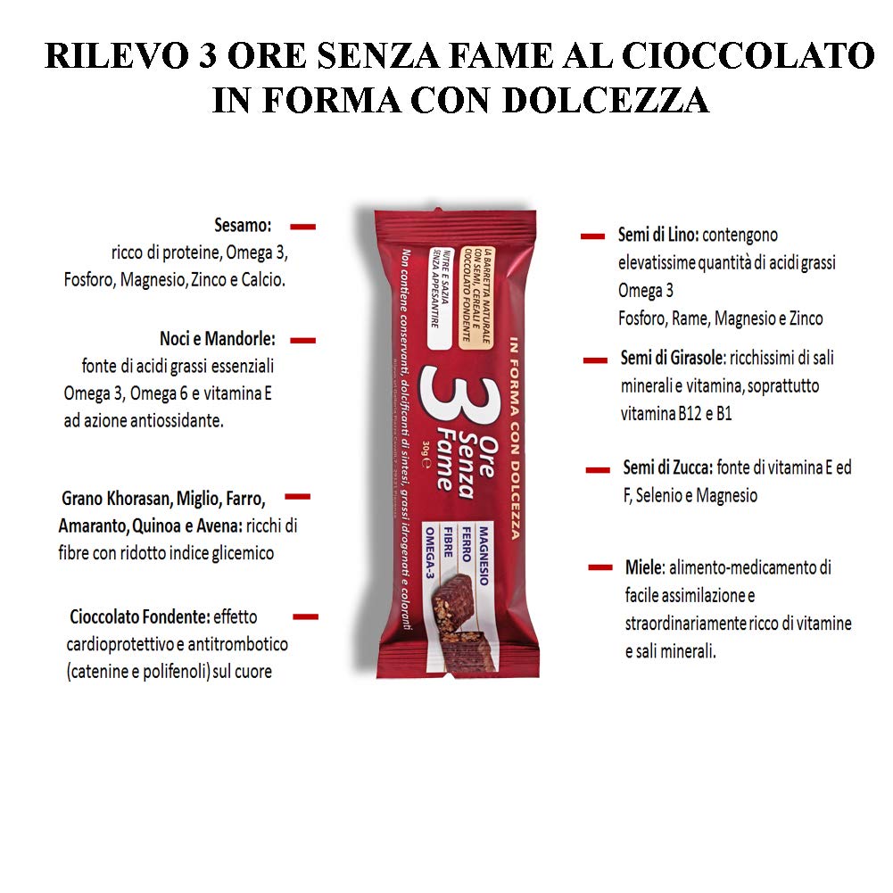 Rilevo- 25 Confezioni Singole di Barrette Spezzafame- 3 ore Senza Fame Barretta Naturale con Semi,Cereali ricoperte di cioccolato fondente (25x30 gr)