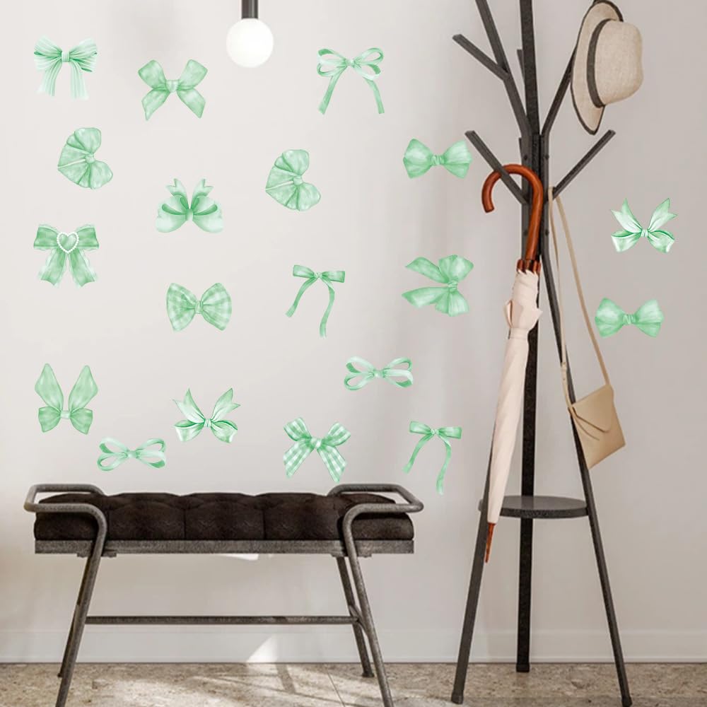 Watercolor Bow Aesthetic Wall Stickers 8 Sheets for Adult Teen Girls Boy,Green Bowknot Wallpaper Decals for Living Room Dining-Room Kindergarten DIY Party Activities Bedroom Nursery Home
