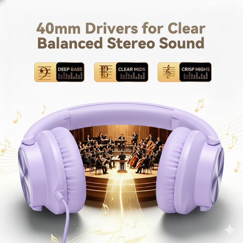 KVIDIO Wired Headphones with Mic, Volume & Playback Control, Over-Ear Foldable Headphones, USB-C Plug, 90° Swivel Ear Cups, 4.9ft Tangle-Free Cord for Tablet, Laptop, PC, School, Travel (Purple)