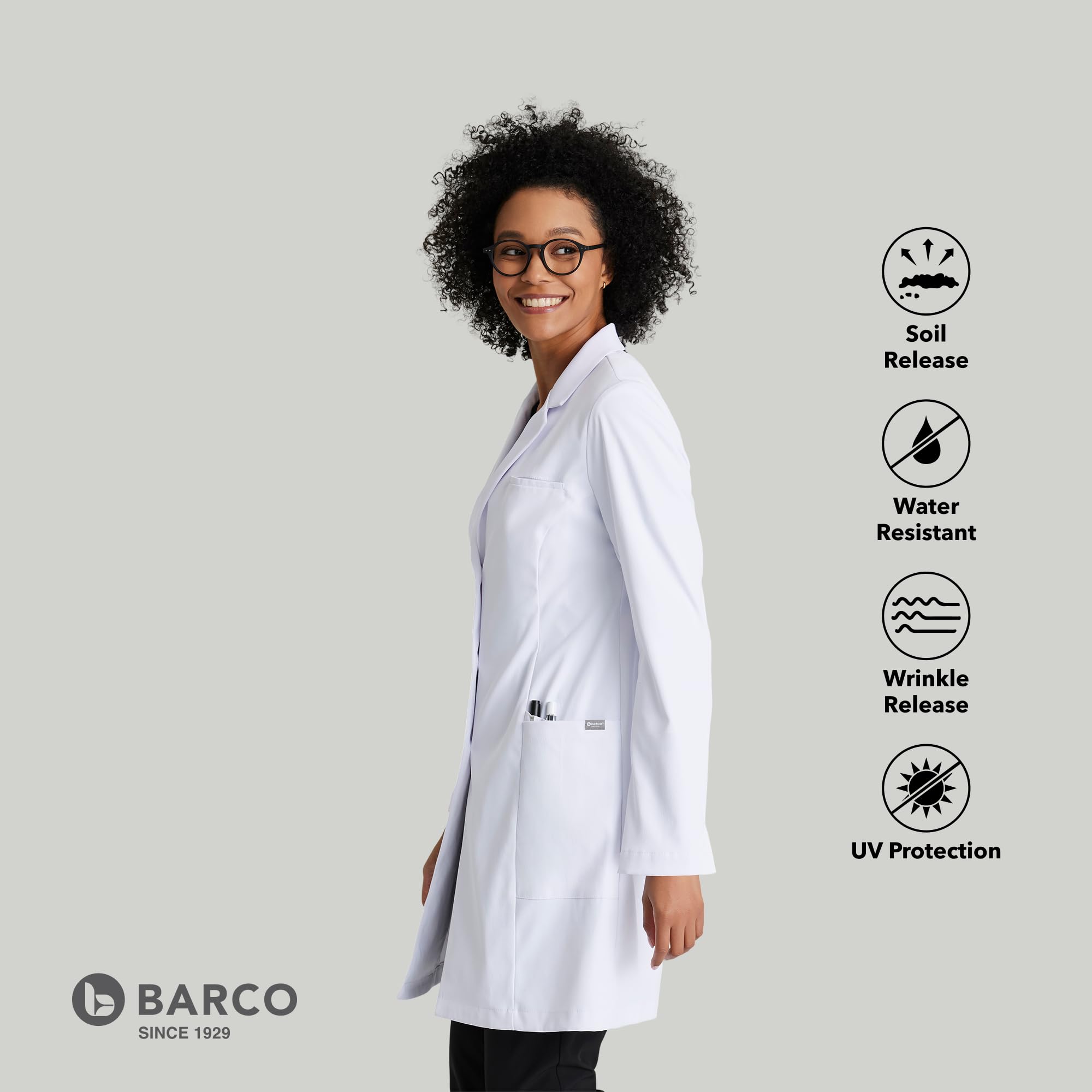 BARCO Grace - Abrigo de laboratorio para mujer, profesional, 3 bolsillos, cierre de 3 botones, manga larga, 35 pulgadas, abrigo de laboratorio para mujer