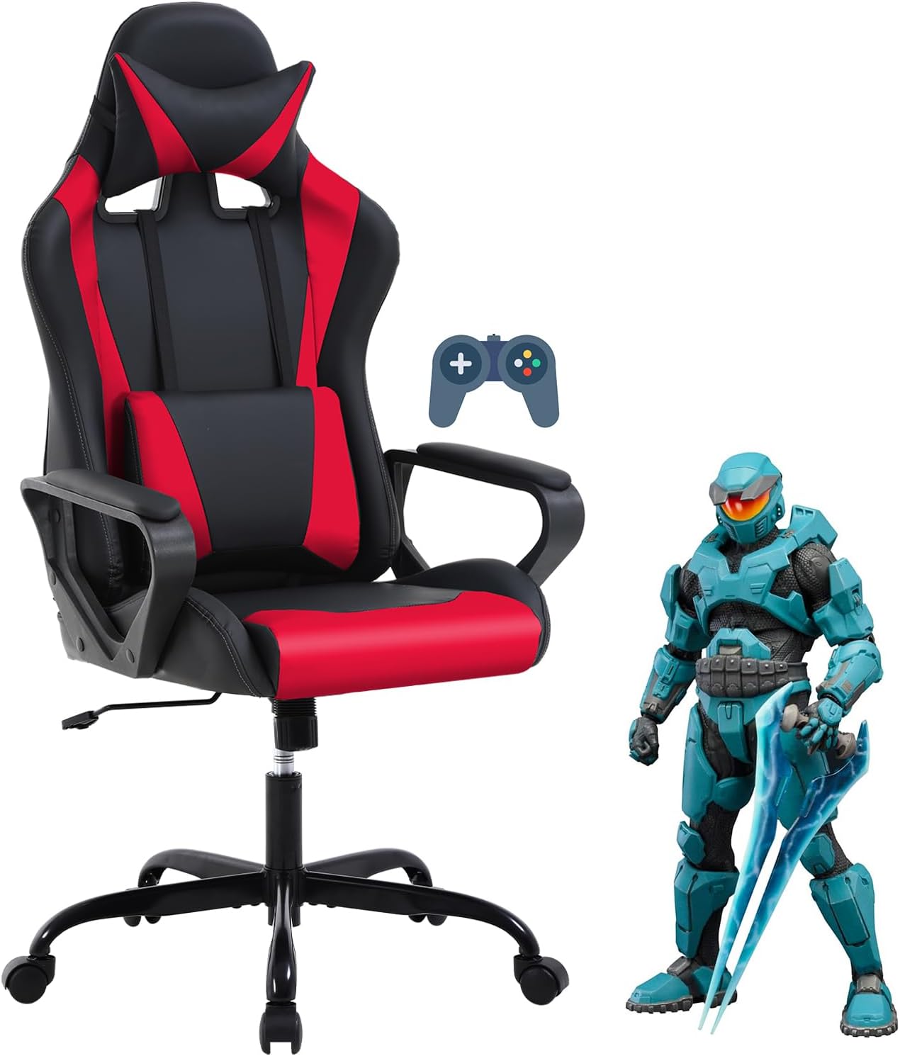 Ergonomic Gaming Chair, High Back PU Leather Office Chair with Adjustable Lumbar Support & Headrest – Swivel Computer Desk Chair for Adults, Teens, Kids – Heavy Duty Executive Red Game Chair-Red