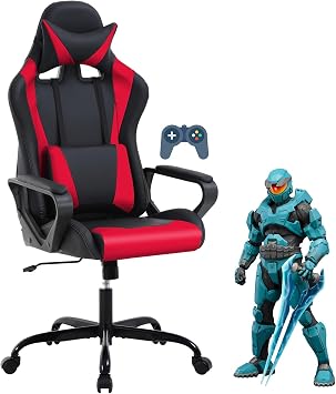 Ergonomic Gaming Chair, High Back PU Leather Office Chair with Adjustable Lumbar Support & Headrest Swivel Computer Desk Chair for Adults, Teens, Kids Heavy Duty Executive Red Game Chair-Red