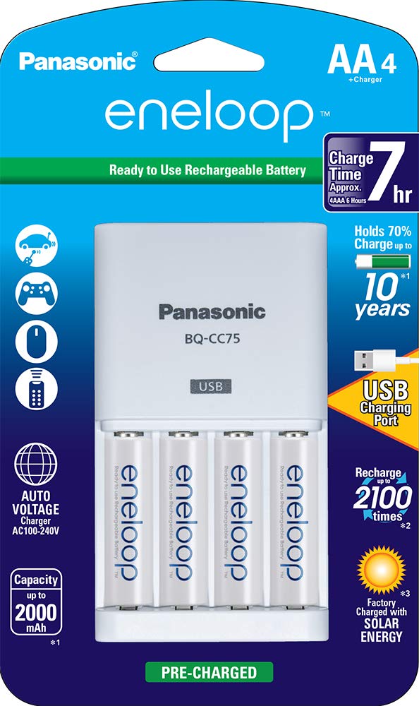 Eneloop Panasonic K-KJ75MCA4BA Advanced Individual Battery Charger with USB Charging Port 4AA 2100 Cycle Rechargeable Batteries