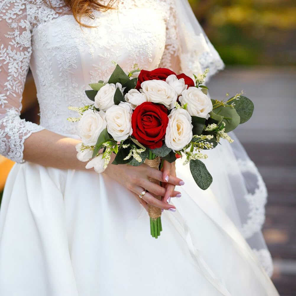 Eforcase Wedding Rose Bouquet Bridesmaid Flower Bouquets, Artificial Flower Red White Rose Wedding Bouquets for Bride Bridesmaid Bouquet Faux Bouquet Bride Bridesmaid Holding Flower for Wedding Decor