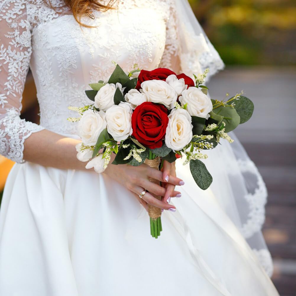 Giveduno Artificial White Wedding Rose Bouquet