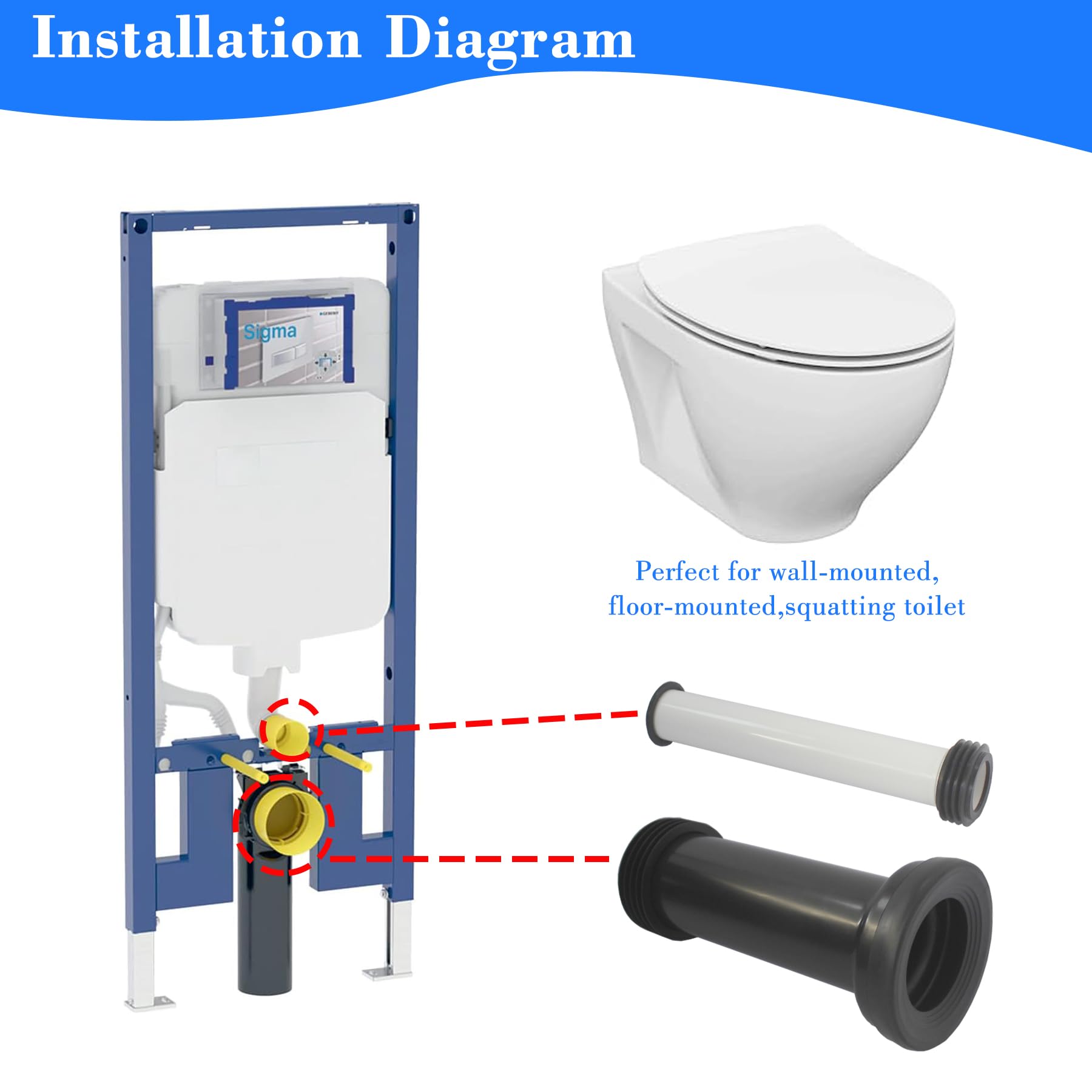 Universelles WC-Spülrohr, Einlass- und Auslassverbinder-Set, verlängerter Toilettentank, gerade Verbindungsrohre mit Gummikegel-Dichtung für wandhängendes WC-Installationssystem