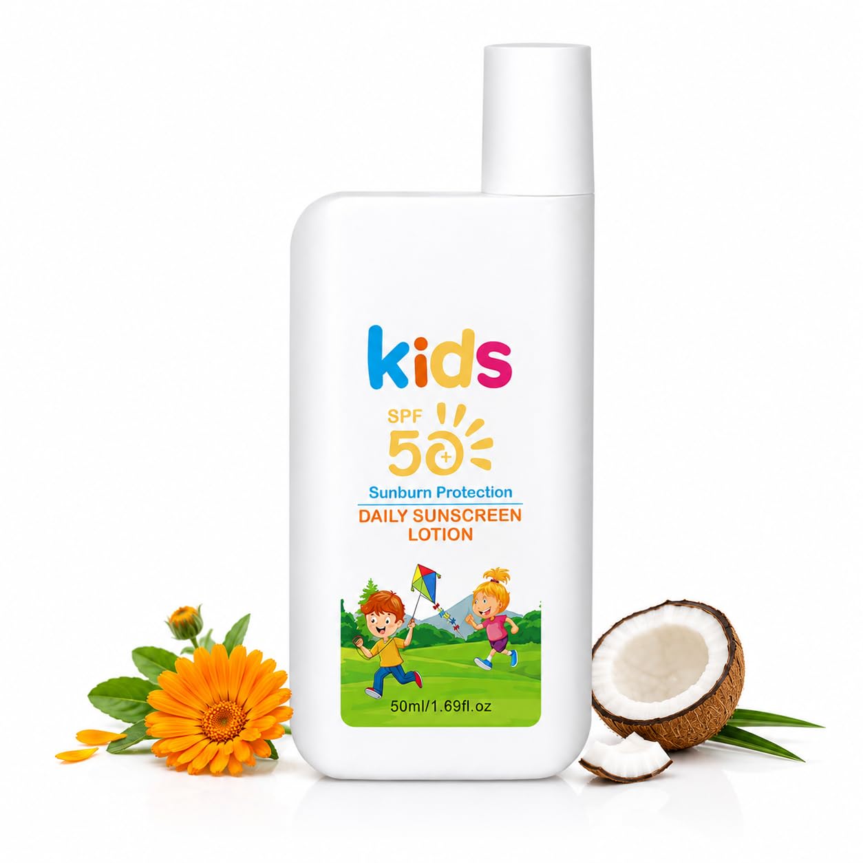 Kids Sunscreen Lotion SPF 50 - Travel Sun Cream for Outdoor Play, Lightweight Sun Protection Factor 50 with Calendula & Coconut Oil, UVA/UVB Protection,No White Cast Formula 50 ml