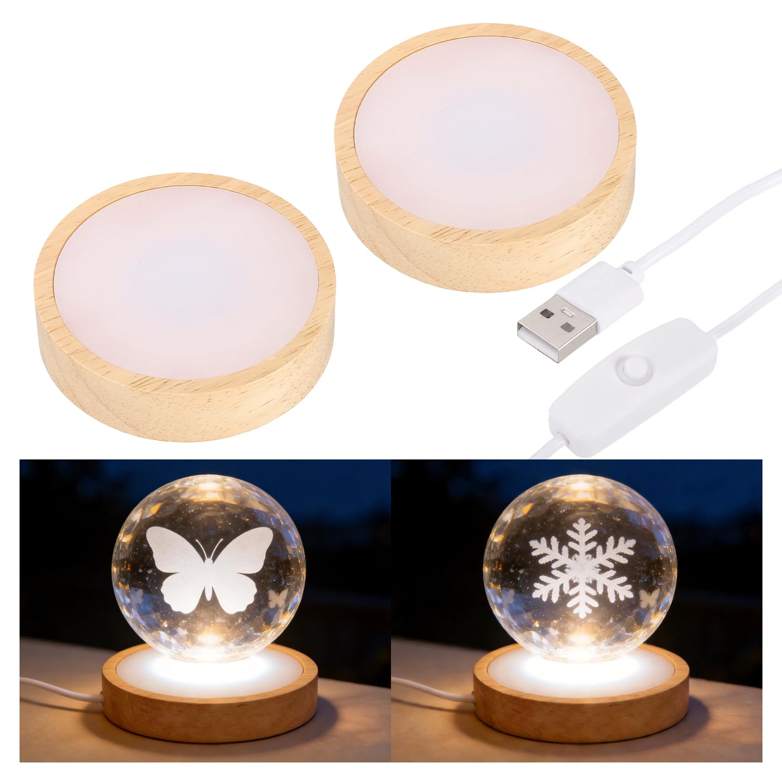 PATIKIL 2 Pcs Wood LED Light Base 8 cm LED Light Stand Lighted Round Crystal Display Base for 3D Glass Art/Acrylic Art Resin Crafts Light Display Stand Room Home Decor, Warm