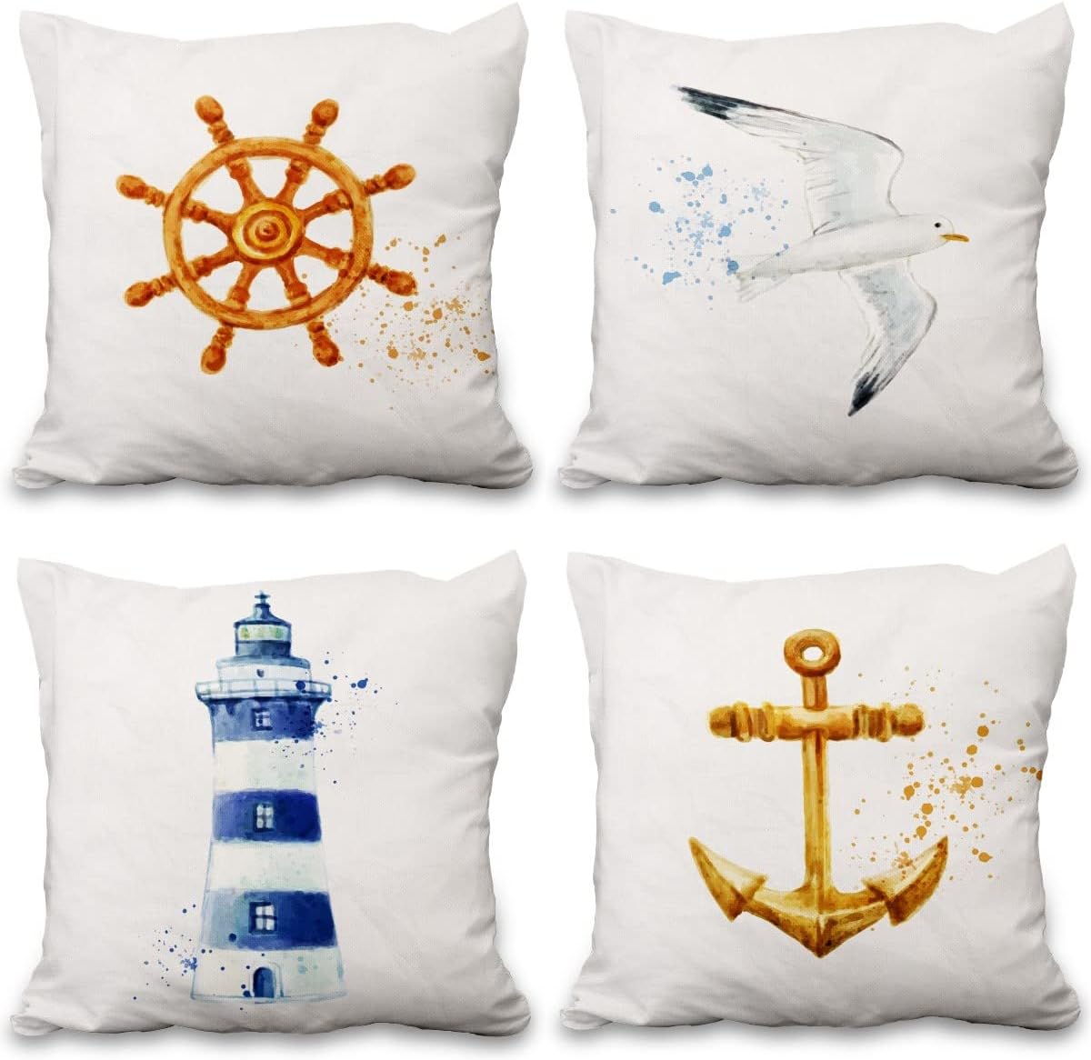 4 Pcs/Set Nautical Pillow Covers Coastal Anchor Compass Lighthouse Pigeons Decorative Minimalist Ocean Sea Outdoor Linen Throw Cushion Case for Couch Sofa Bedroom, 20"x20"