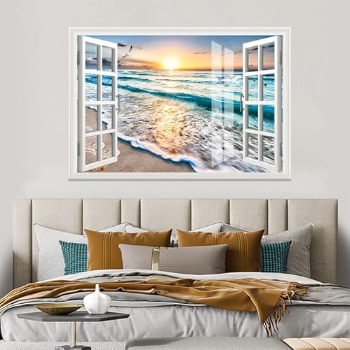 Sijifacai 3D Fake Windows/Waterproof Wall Stickers/Self -Stick Wall Murals /3D Mural -Sunrise Waves, Creative Window Scene Wall Decoration- 35"X24" #TOP3
