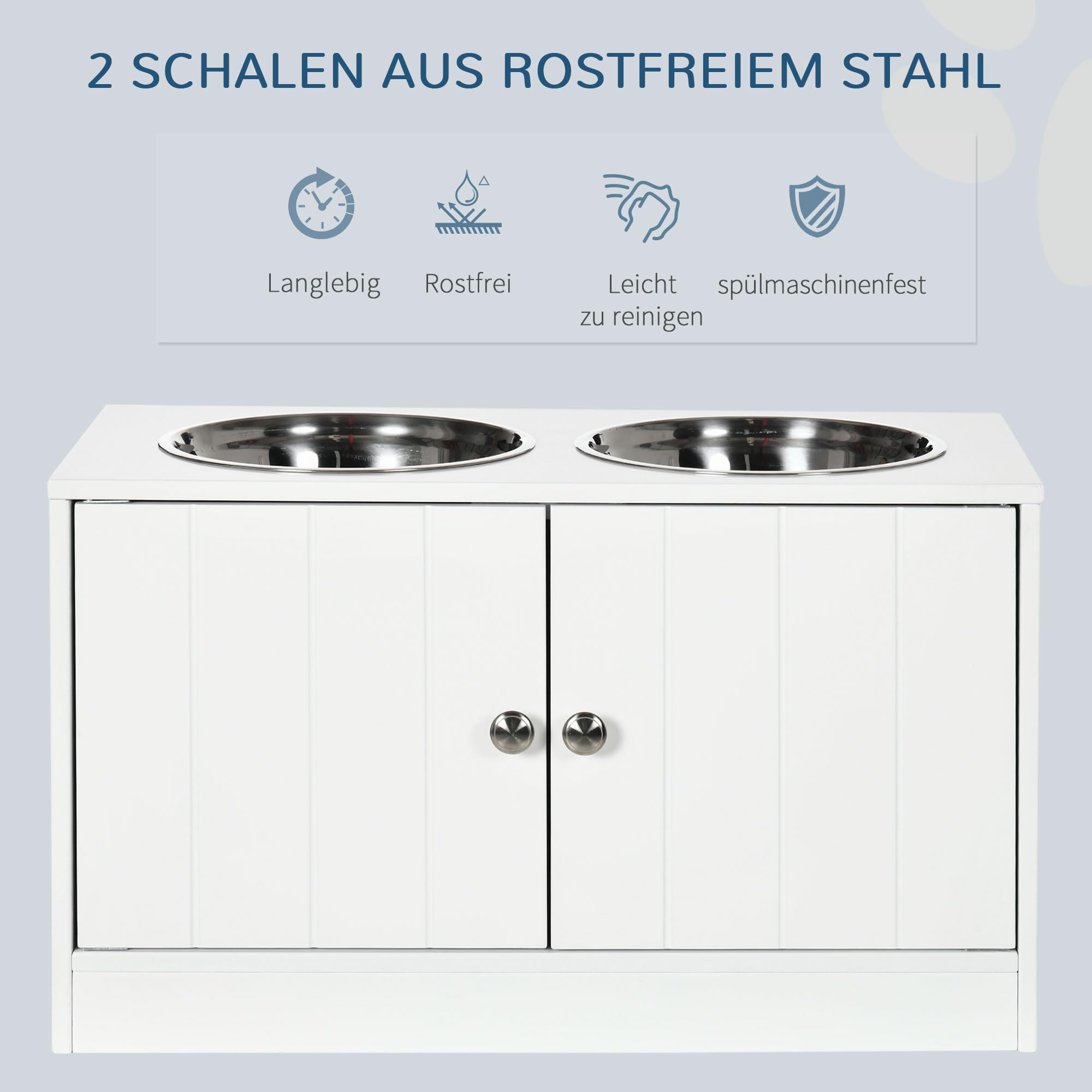 PawHut Hundenäpfe, Erhöhtes Futterstation mit 2 Edelstahlschüsseln, Hundenapfständer mit 44L Stauraum, Magnettüren, Fressnapf, Wassernapf für Große Hunde, Weiß