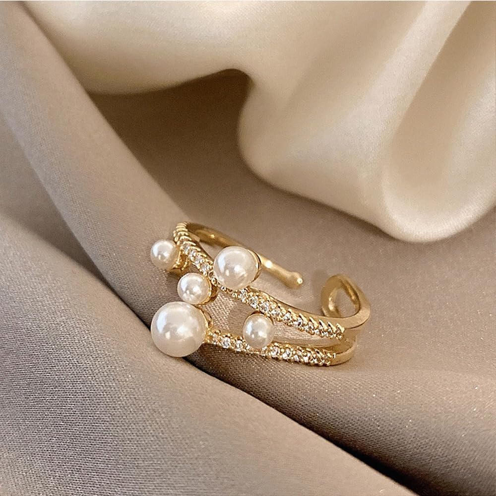 Hebelee Shell Pearls Statement Ring for Women CZ Layered Rhinestone Pearls Open Band Finger Rings Comfort Fit Dainty Wedding Anniversary Jewelry - Image 5