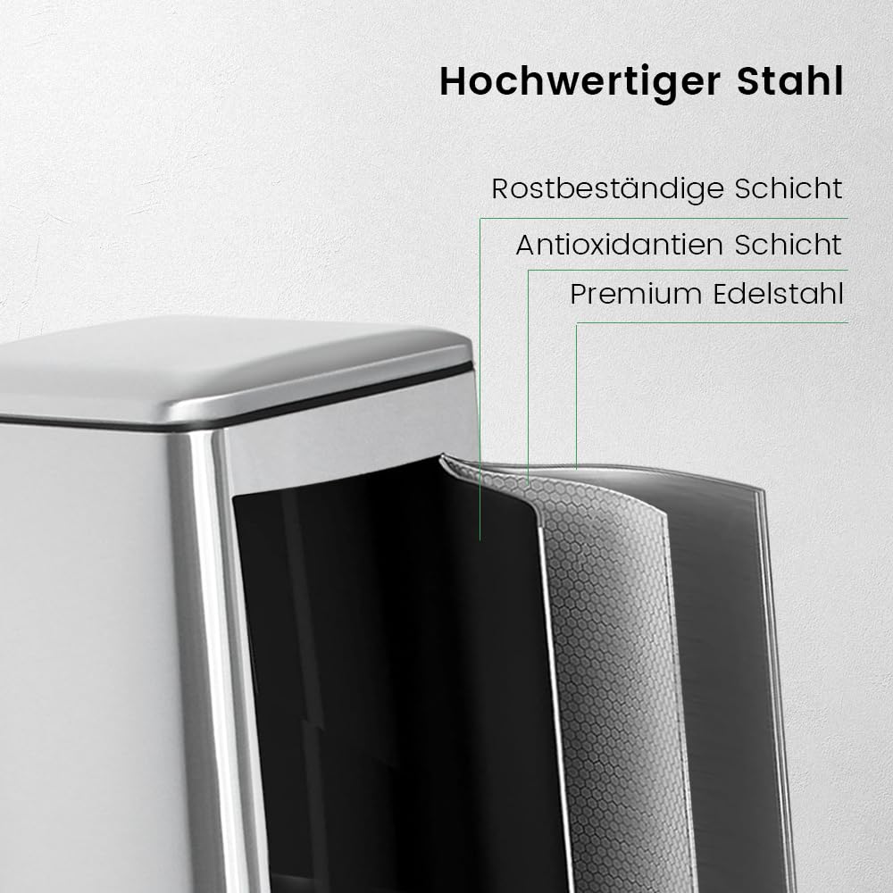 Mülleimer 30L, Abfalleimer mit Fußpedal, Inneneimer, Decke, Weiß | Mülleimer Küche, Quadrat, Stahl, Mülleimer Groß, Edelstah, Mit Metall-Pedal, Softclose Deckel, Für Küche, Büro, Wohnzimmer