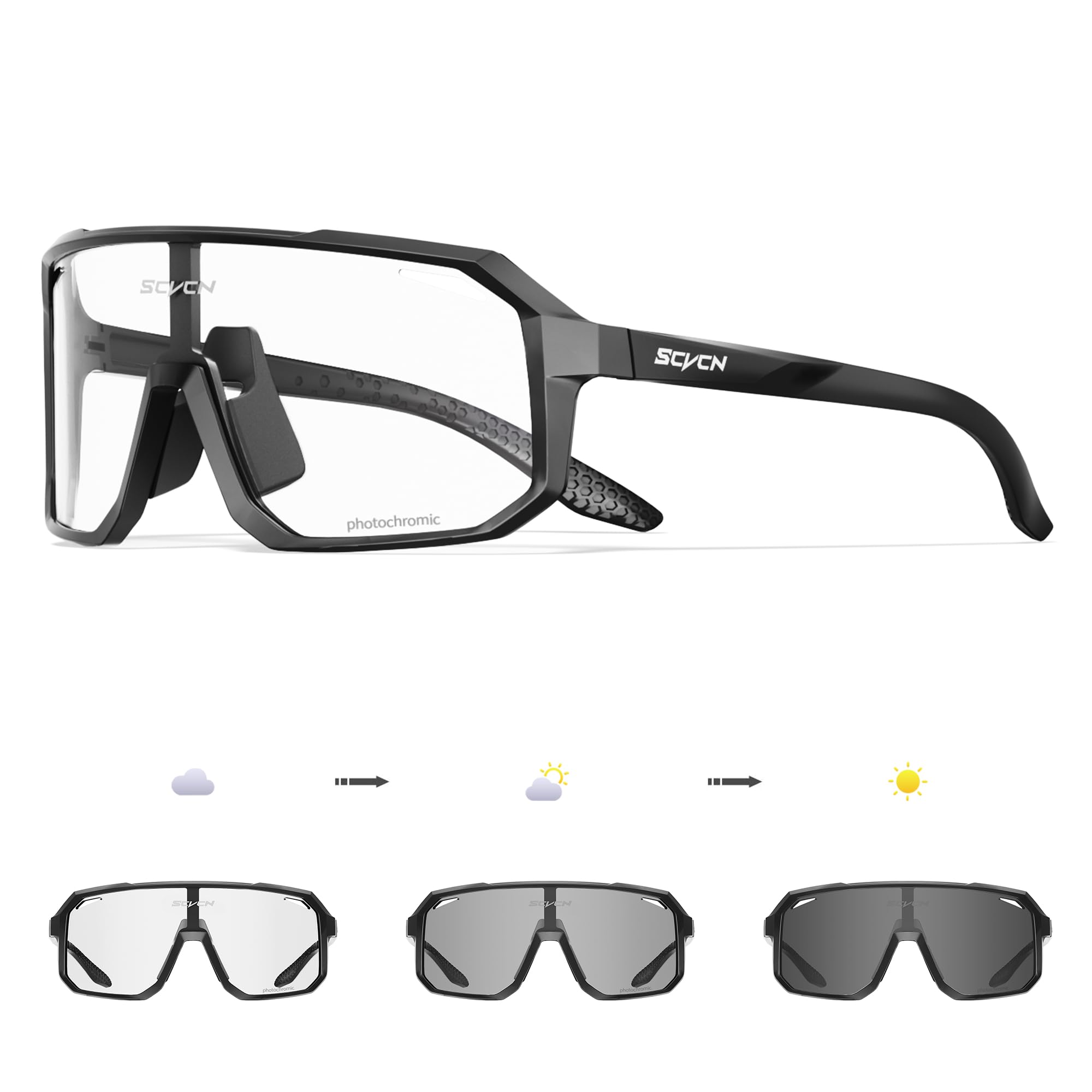 SCVCN Selbsttönend Fahrradbrille für Herren Damen Photochromatische Sportsonnenbrille Klar Radsport Radfahren MTB Radbrille Laufen Volleyball Tennis Softball Bergsteigen Golf Wandern 501