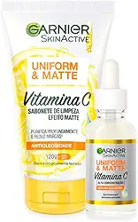 Garnier Uniform & Matte, Kit Skincare Creme de Limpeza Facial Vitamina C 120g e Sérum Booster Antimarcas 15ml, Efeito Peeling, Reduz Marcas e Oleosidade, Pele Uniforme e Hidratada