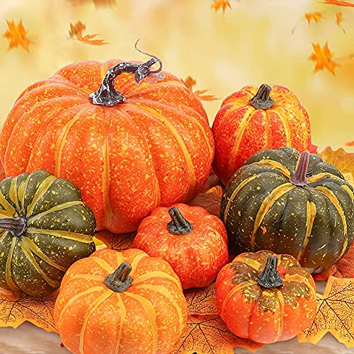 FUTUREPLUSX Mixed Artificial Pumpkins Set, 7PCS Different Pumpkins with 30PCS Artificial Maple Leaves for Thanksgiving Halloween Party Decoration