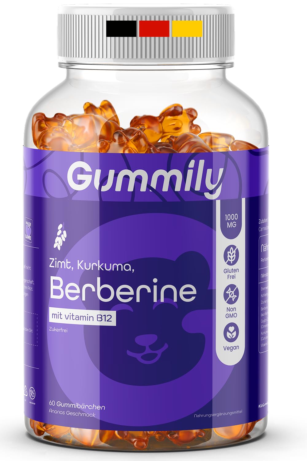 Gommose Premium alla Berberina con Cannella di Ceylon, Estratto di Curcuma e Vitamina B12 – Senza Zuccheri – Vegane – Senza OGM – Gummily