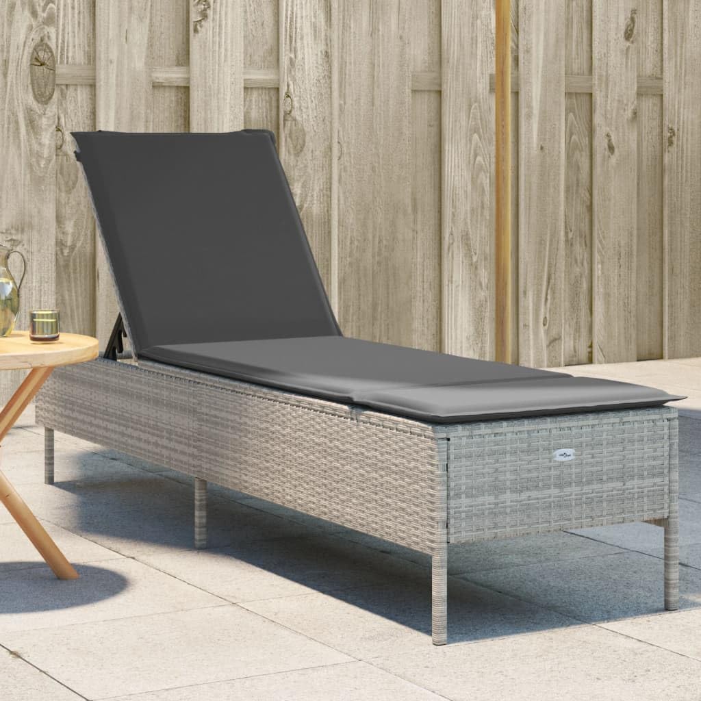Leżak do opalania, jasnoszary polirattan, 5-stopniowa regulacja, odporny na promieniowanie UV, 198 x 55 cm, z grubą nakładką, do ogrodu, na taras i basen, wytrzymała rama stalowa, wygodny