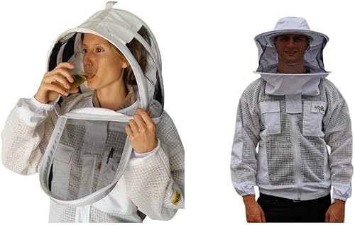 OZ ARMOUR Chaqueta ventilada de apicultura ultra fresca de 3 capas de malla con 2 capuchas de esgrima y sombrero de ala redonda, Blanco
