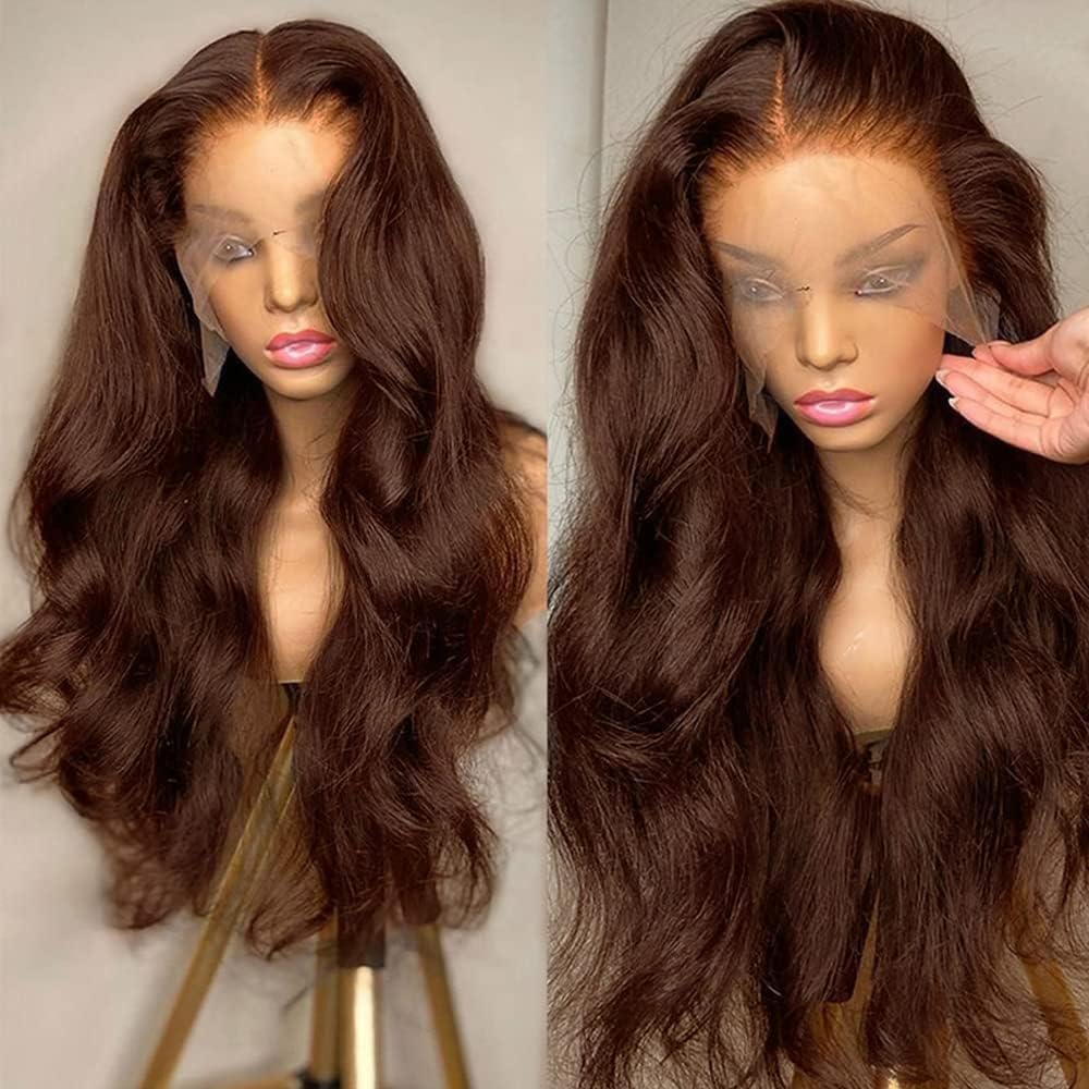 200 Density 13X6 Chocolate Brown Body Wave Lace Front Wigs Human Hair 13x6 Transparent Lace Front Wigs For Women Auburn Brown Colored with Baby Hair Glueless Wigs Human Hair Full And Thick 18 Inch