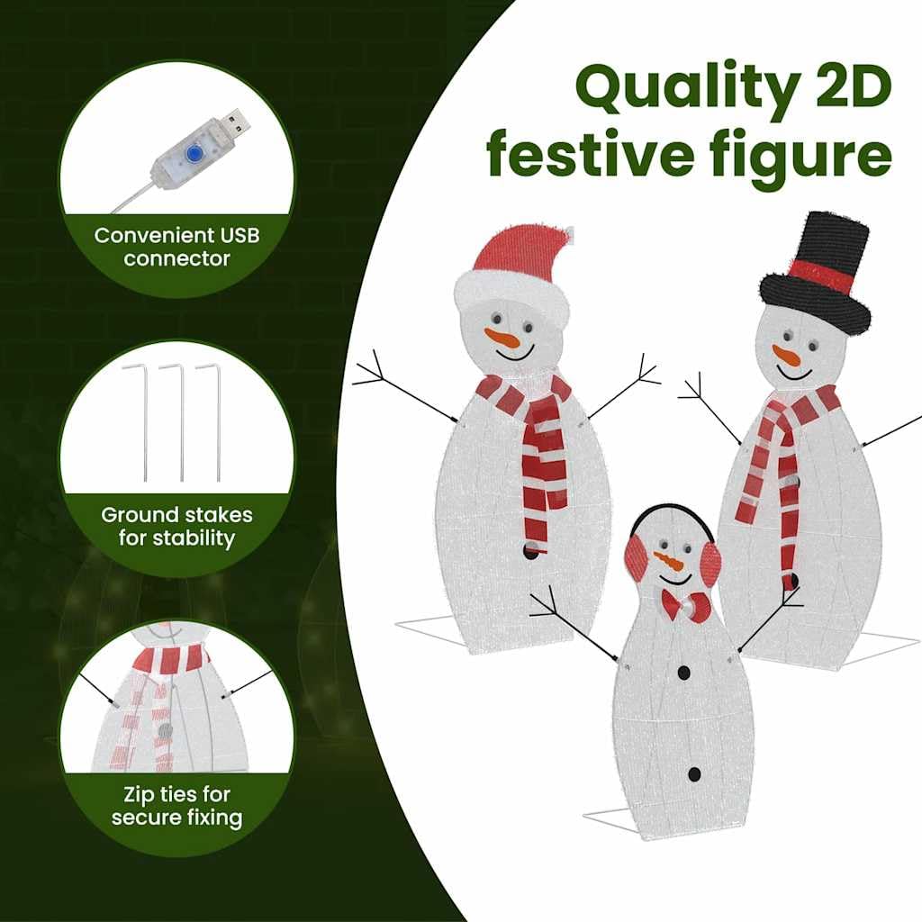 vidaXL Familia de Muñecos de Nieve Iluminados 3 pcs Cálido Poliéster, Sala, Decoraciones de Invierno USB Modernas, Adornos navideños, Luces Festivas y Figuras para el Exterior