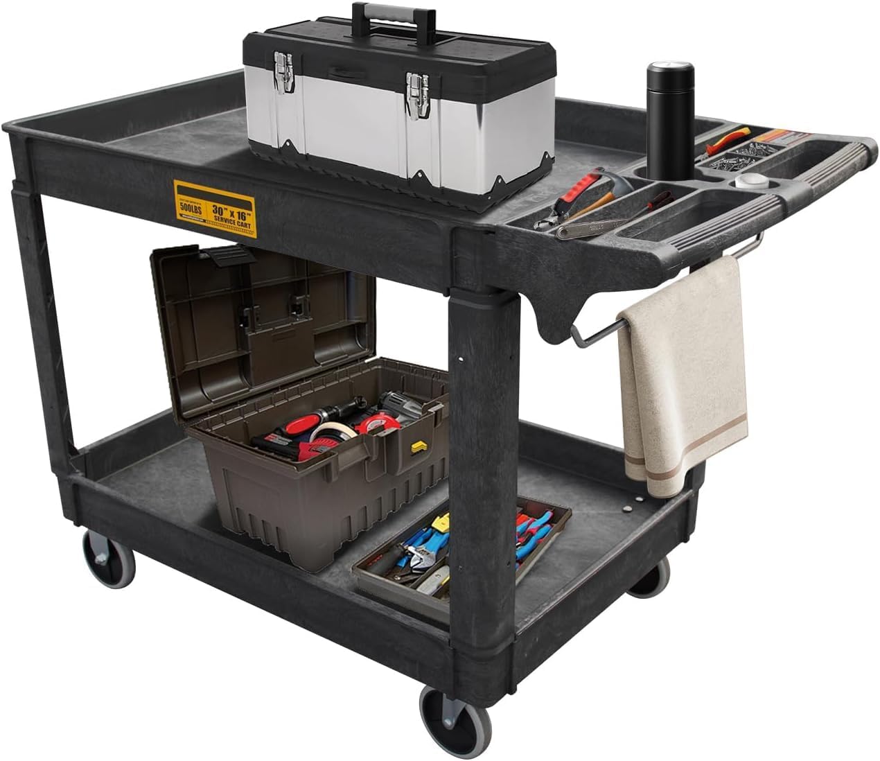 Utility Service Cart,Heavy Duty 500 LBS Rolling Utility Cart with 360° Swivel Wheels, Lipped Shelves, Ergonomic Storage Handle, Used in Warehouse/Garage/Cleaning/Manufacturing
