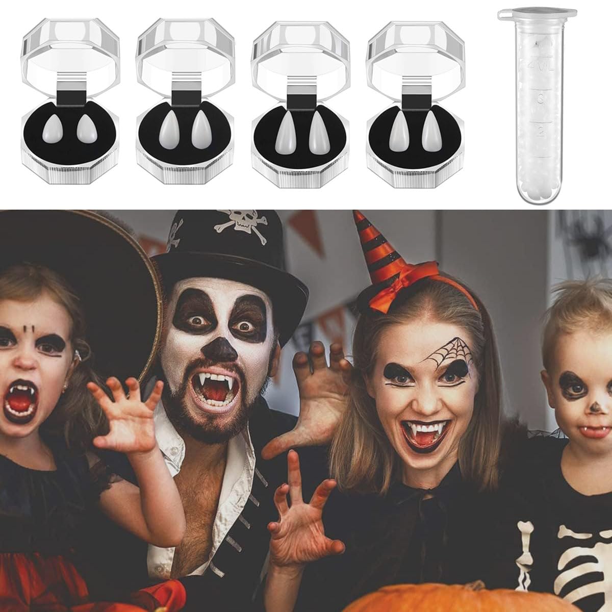 4 Pairs Vampire Teeth Fangs, Vampire Teeth with Adhesive, Halloween Party Cosplay Vampire Dentures Zombie Ghost Devil Werewolf Teeth Prop, Halloween Party Cosplay Dentures Decor (Vampire Teeth)