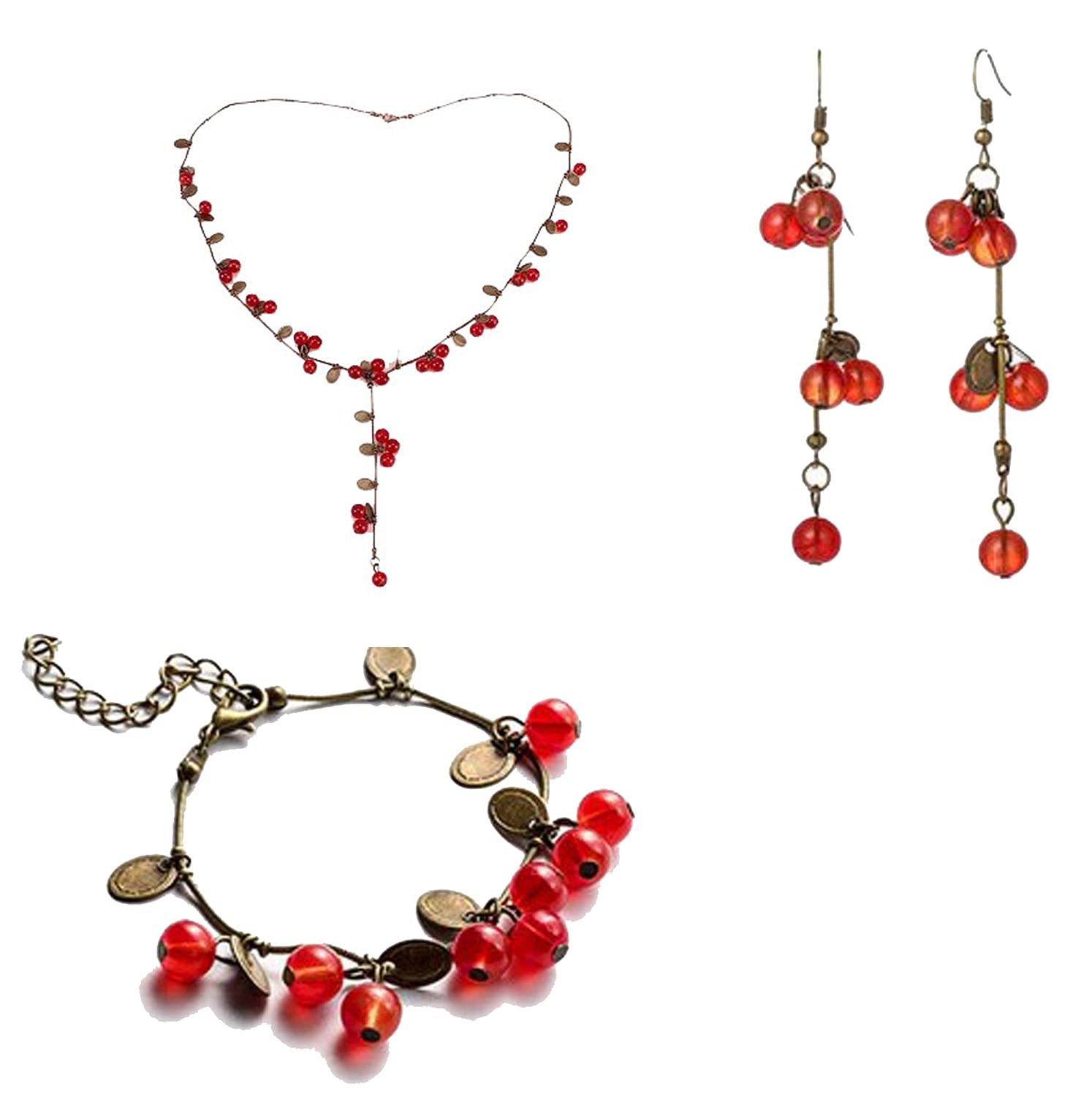 Miniblings Set Grosella Pendientes Pulsera de Cadena de Bronce del Collar de Las señoras Berry - joyería Hecha a Mano - Cadena de eslabones de Bronce