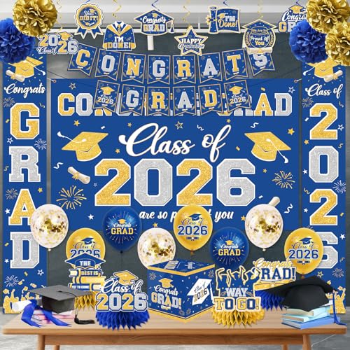 Image of Graduation Decorations Class of 2026 Blue and Gold Graduation Decorations with Congrats Grad Banner,Backdrop,Porch Sign,Balloons,Hanging Swirls,Honeycomb Centerpieces,Box for Graduation Party Supplies