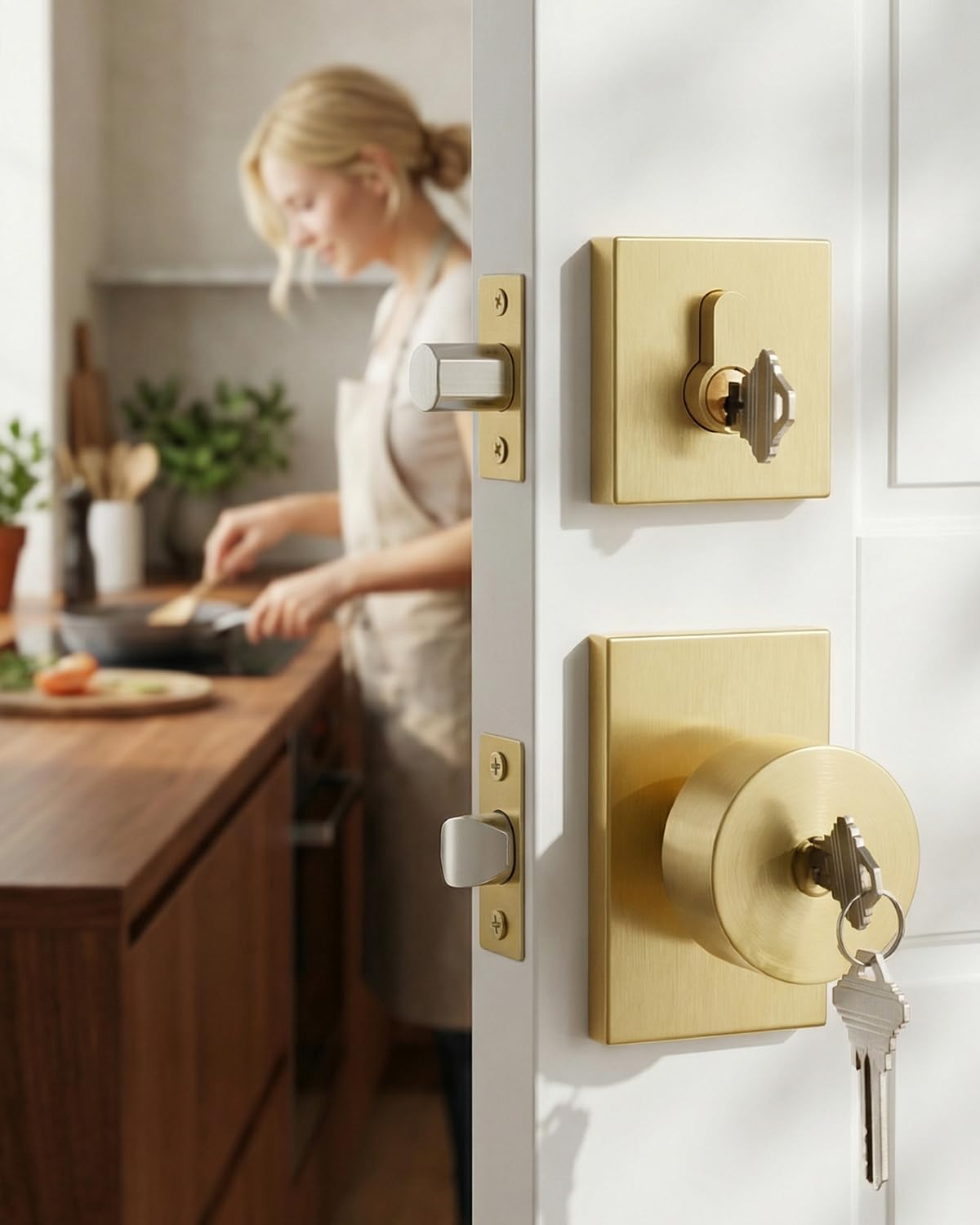 Haidms Gold Door Knob with Deadbolt, Zinc Alloy Brushed Gold Keyed