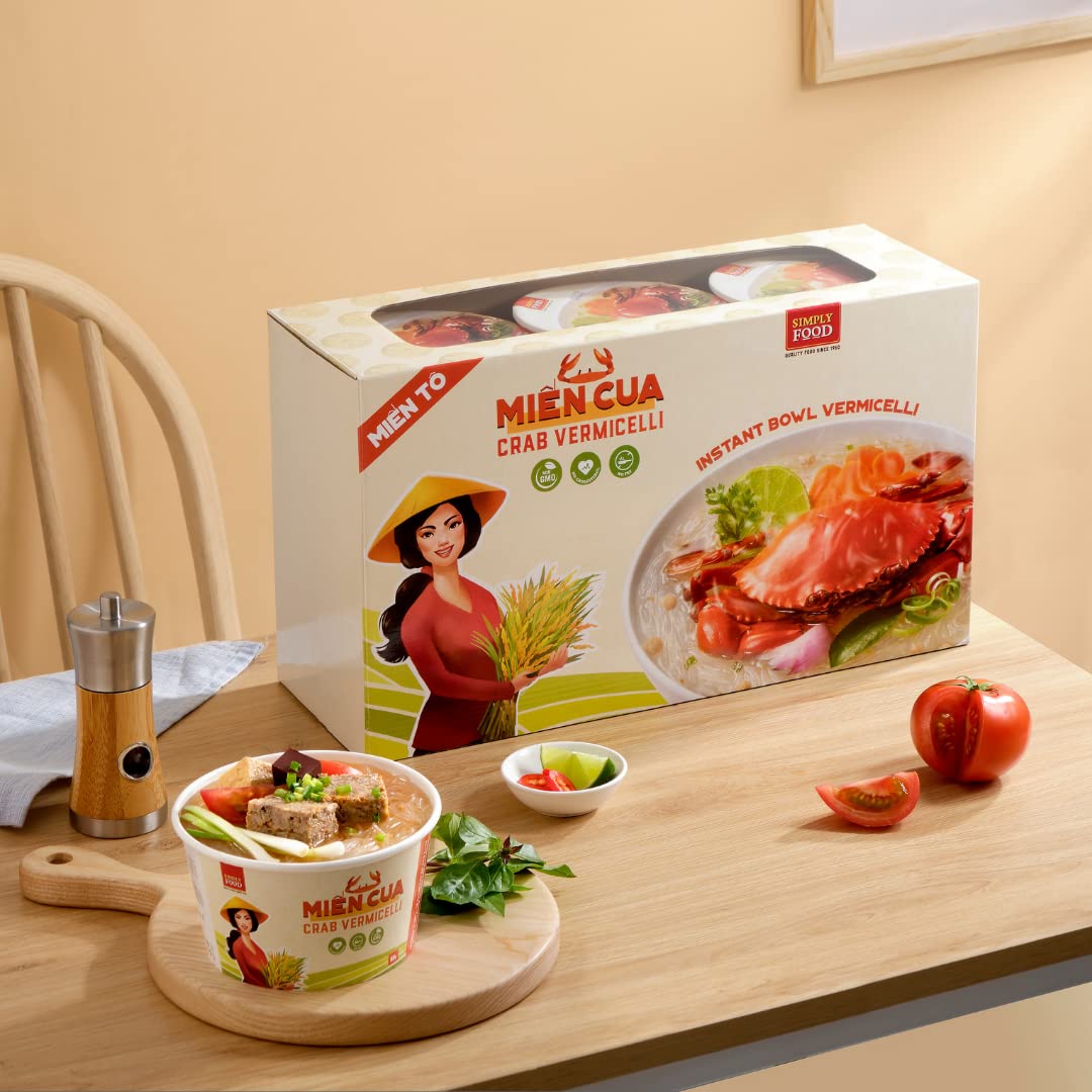 SIMPLY FOOD Instant Crab Glass Noodles (Miến Cua) - 9 BOWLS/ 55g each – Chewy, Clear Glass Vermicelli Noodles in a Seafood Crab Broth
