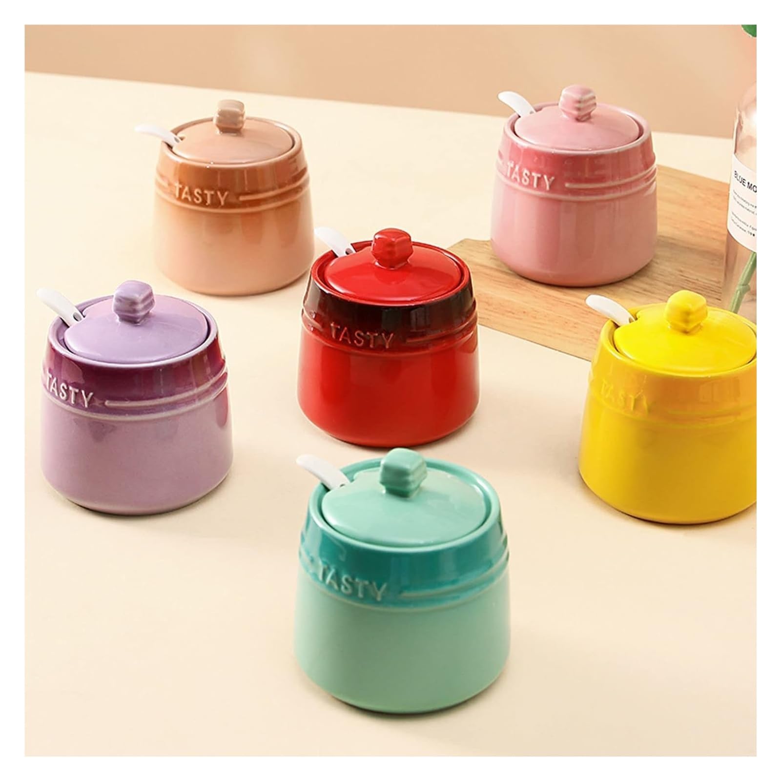 Azucarero,Azucarero,Azucarero de cerámica degradada francesa con tapa, Azucarero sólido con cuchara, Tarro de especias de porcelana, Almacenamiento de decoración de cocina(Yellow)