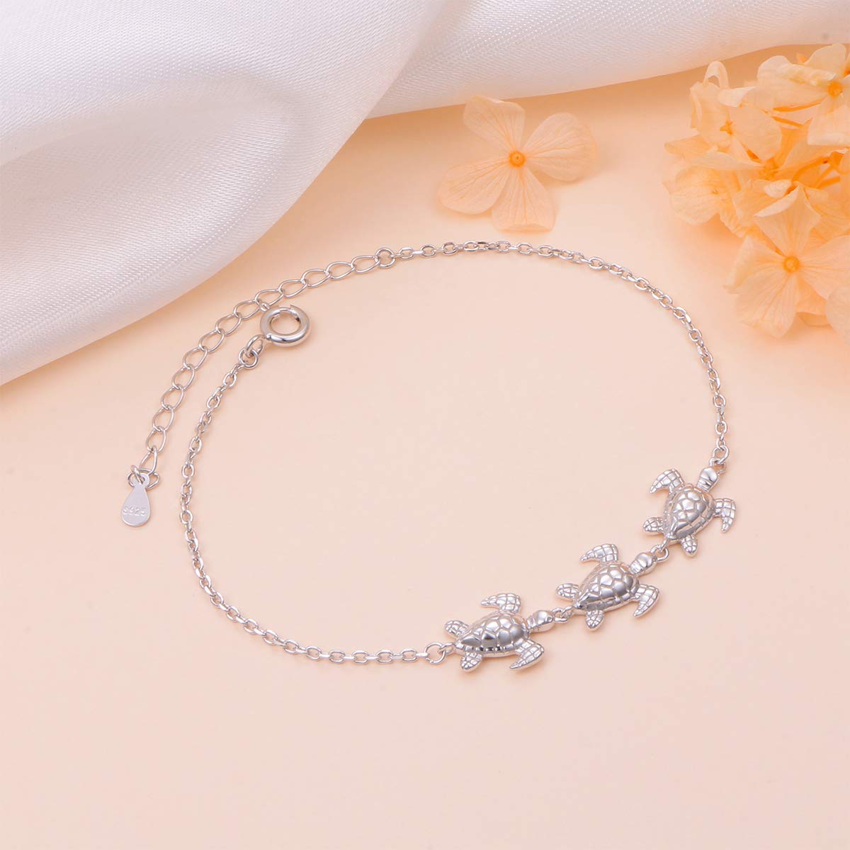 (Salute e longevità) Cavigliera a forma di cuore per donne e ragazze adolescenti in argento Sterling regolabile con tartaruga piede mare/rana animale cavigliera gioielli 22,5 cm miglior regalo di compleanno