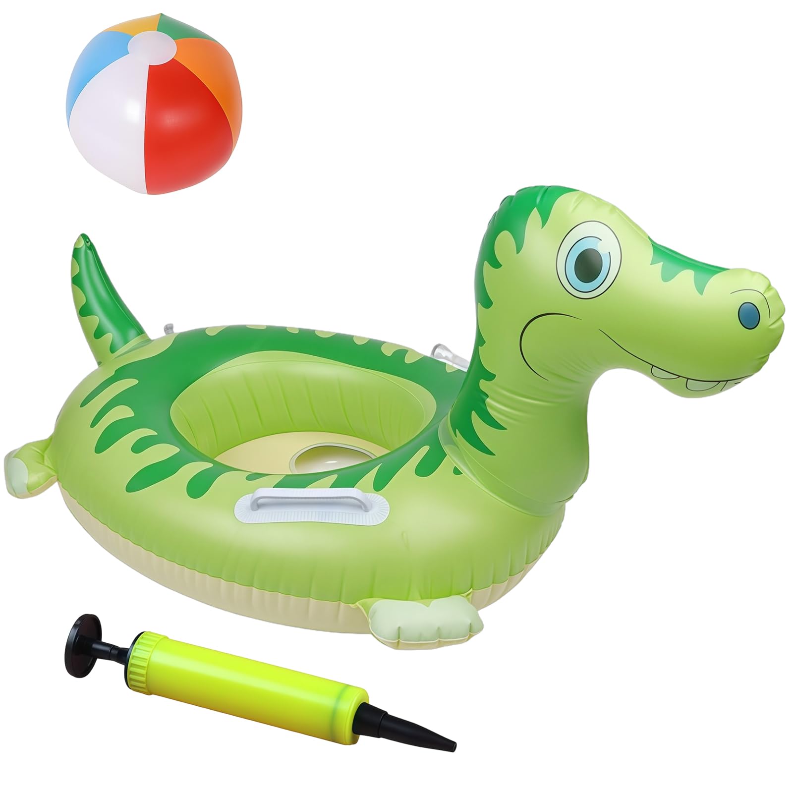 HUNUH 3 Pcs Pool Inflatables, Durable PVC Swimming Pool Floats with Dinosaur Rubber Ring, 12 Inch Beach Ball and Inflator for Summer Beach and Water Party