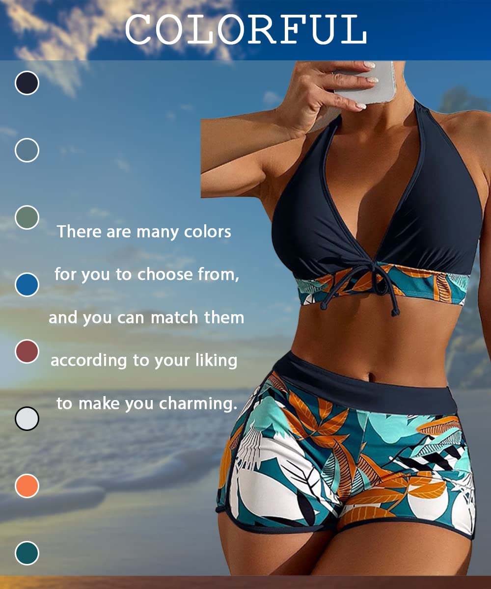 Maillot de Bain Femme 2 Pièces - Ensemble Bikini Taille Haute Rembourré Push Up - Short Uni
