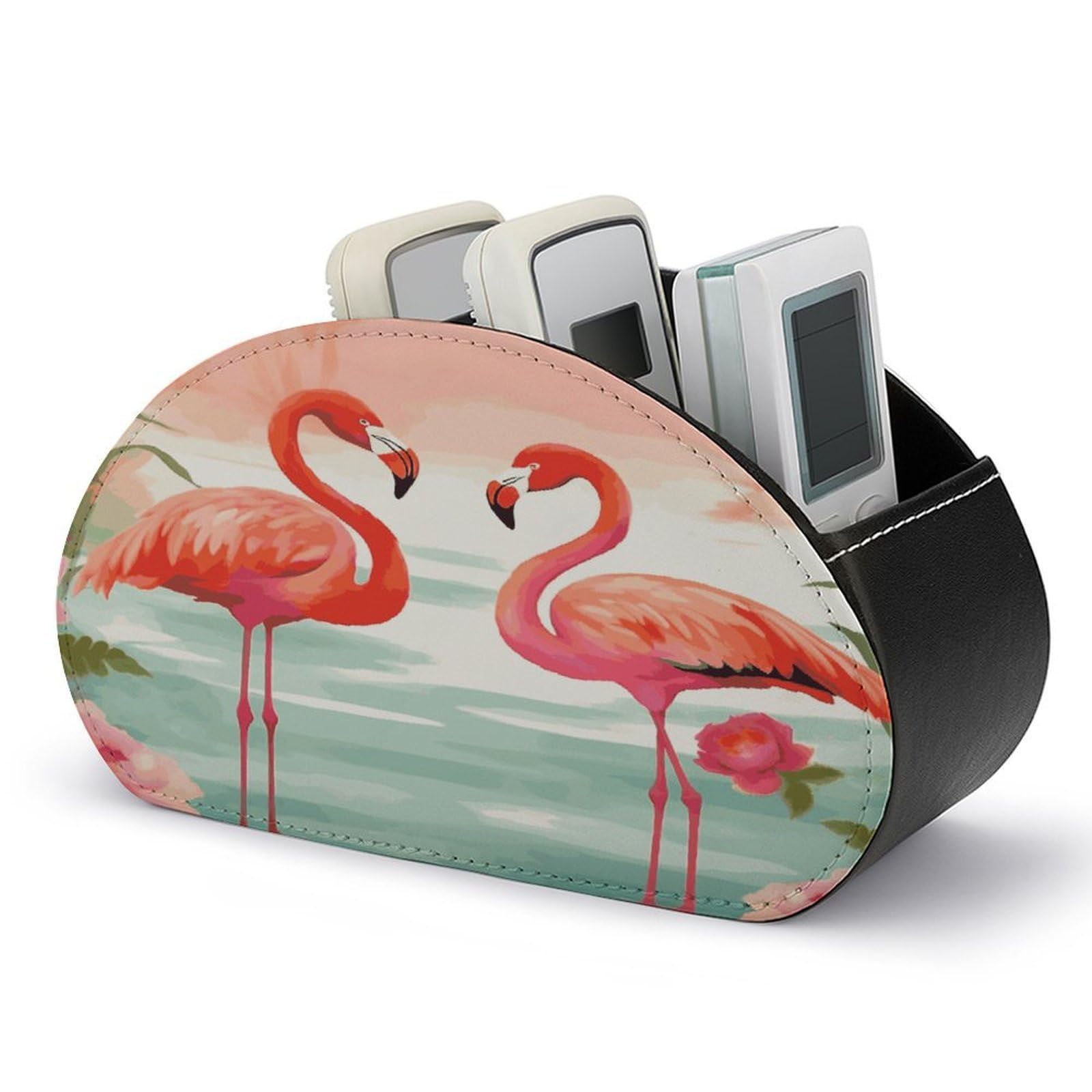 FekiLoot Two Red Flamingos Remote Control Holder, PU Leather Remote Control Organizer Box Stationery Remote Control Box Desk Storage Organizer for DVDs,Glasses,Pens,Media Players
