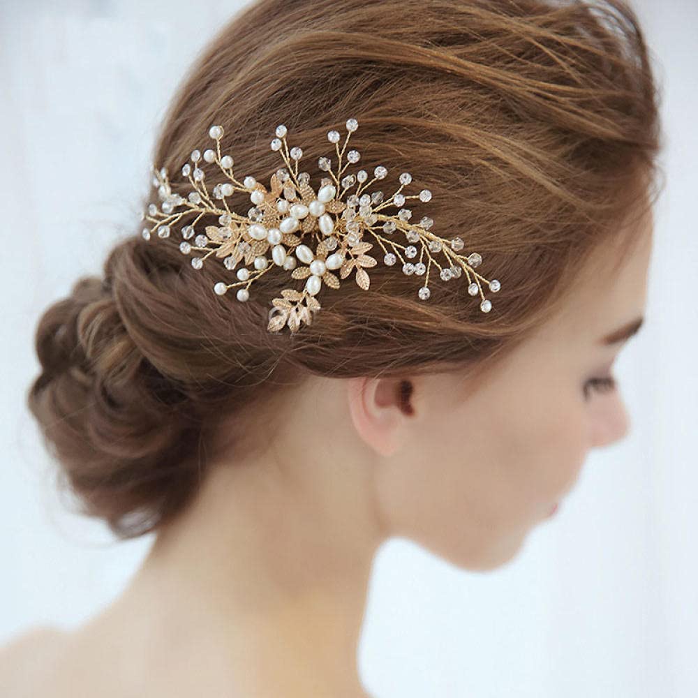 Haarkamm, Haarspangen, Brautperlen-Haarkamm (Gold), Vintage-Blumen und Blätter, Haarschmuck, künstlicher Abschlussball, Strand, Haarschmuck, Kopfbedeckung für Frauen und Mädchen