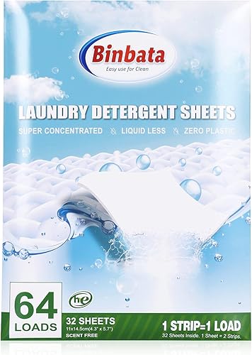 Binbata Sábanas de detergente para lavandería, sin perfume, jarra de plástico (64 cargas), 32 hojas, sábanas ecológicas sin líquidos, sábanas